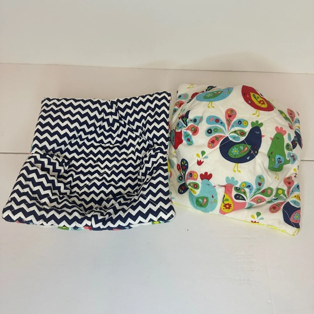 HAND CRAFTED Colorful Roosters Cotton Microwave Bowl Cozies Set of 2